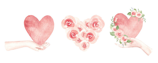 St. Valentine day or wedding, engagement compositions set with woman hands with heart and pink roses. Watercolor hand drawn illustration isolated on a white background. Romantic design elements for