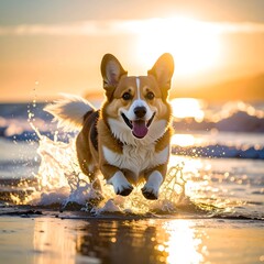 dog on the beach with sunset