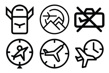 Simple black and white line icons depicting travel restrictions time and prohibited items