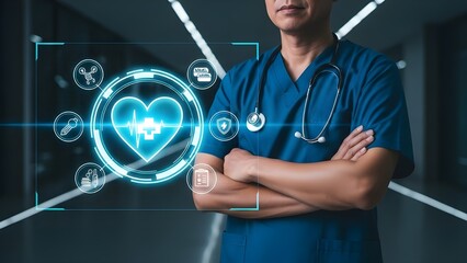 Medical Professional with Digital Heartbeat and Futuristic Health Technology Interface