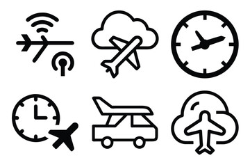 Collection of travel and connectivity icons depicting aviation time and wireless signals