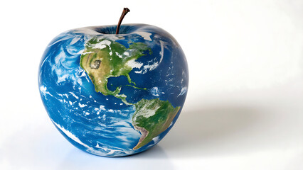 A 3d earth globe illustration of the world features blue oceans and green continents Apple fruit Shaped.
