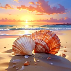 A solitary tropical conch shell rests on the pristine sand of a beach at sunset, where the summer ocean waves meet the shore in a peaceful holiday scene of nature and marine beauty
