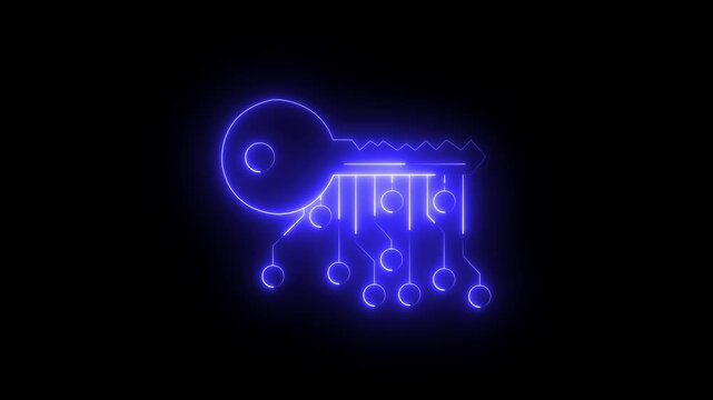 glowing neon line cryptocurrency key icon isolated on black background . concept of cyber security or private key ,digital key with technology interface .4k motion video animation.
