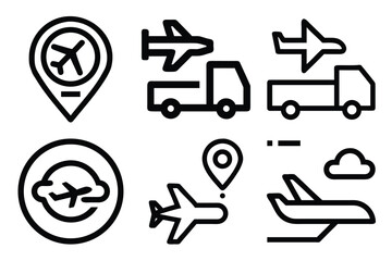 Collection of simple line icons depicting travel transportation logistics and weather elements