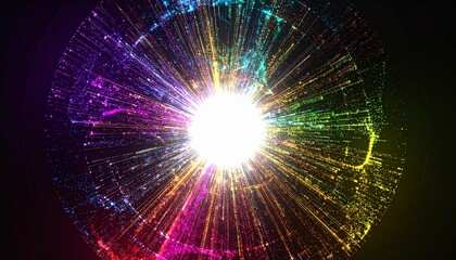 Abstract Rainbow Particle Circle Burst Background　円形に拡散する虹色の粒子と光の背景イラスト　デジタルイラスト