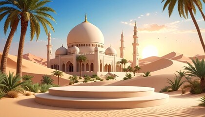 Grand mosque in desert landscape with domes and minarets showcasing spiritual elegance and architectural majesty