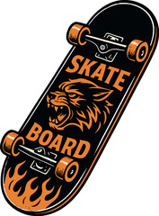 Skateboard Wolf Flames Orange Vector Design Art