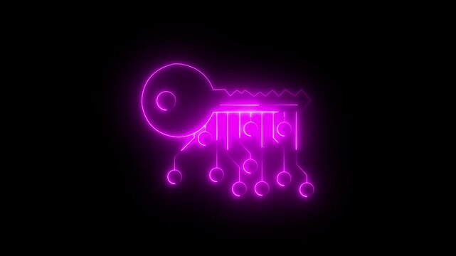 glowing neon line cryptocurrency key icon isolated on black background . concept of cyber security or private key ,digital key with technology interface .4k motion video animation.