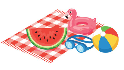 Beach day essentials laid out on a red and white checkered blanket, featuring a watermelon slice, inflatable flamingo, goggles, and beach ball.
