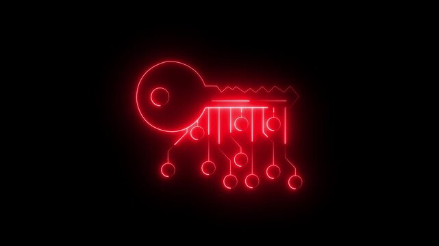 glowing neon line cryptocurrency key icon isolated on black background . concept of cyber security or private key ,digital key with technology interface .4k motion video animation.