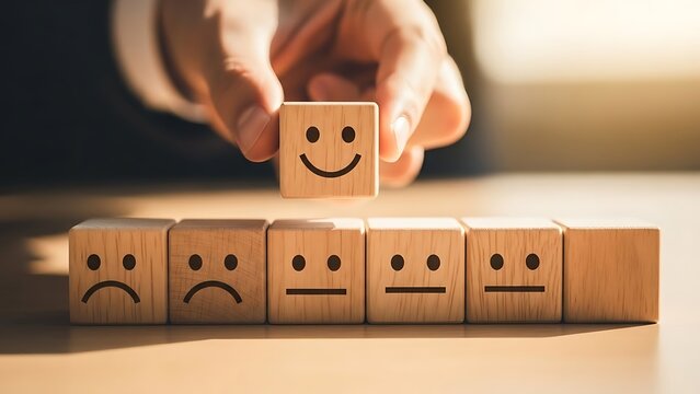 Hand selecting a wooden block with a happy smiley face over sad and neutral faces for customer experience choice