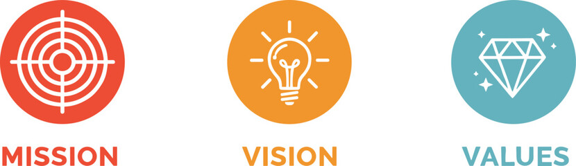 Mission vision and values corporate icon set featuring target lightbulb and diamond symbols for professional organizational branding strategy. © MstBabli