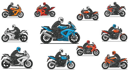 A dynamic collection of motorcycles and riders in various colors and styles, set against a white background, ideal for automotive and racing themes.