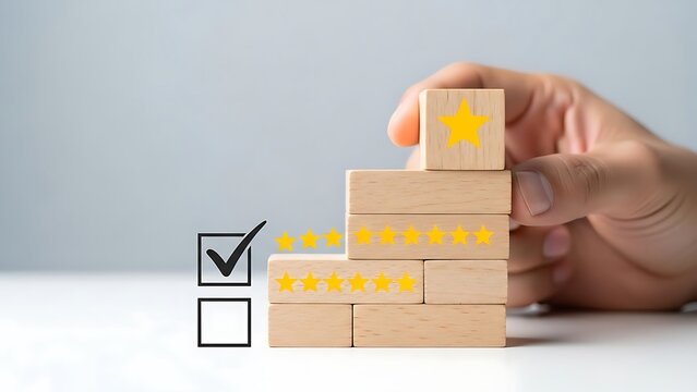 Hand building a wooden block staircase with stars and checkmark for rating improvement and business success