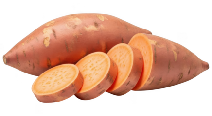 Whole and sliced sweet potato root vegetable isolated on transparent background