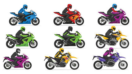 A vibrant assortment of motorcycles and riders in diverse colors like blue, green, yellow, and purple, presented against a white backdrop for adventure.