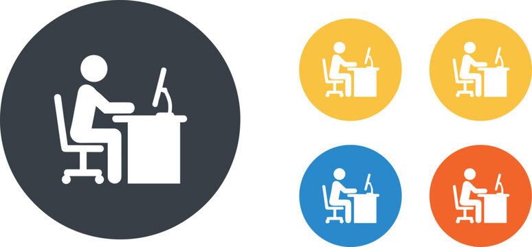 Office workstation icon set featuring a person at a computer desk for corporate remote work and productivity branding.