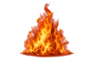 Blazing fire with orange and yellow flames, showing heat, power, energy, and danger on a transparent background