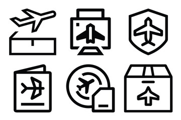 Line art icons depicting air travel shipping and package delivery services are neatly arranged