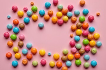 Obraz premium Colorful Candy Scattered on Pastel Pink Background with Copy Space for Valentine's Day or Sweet Treats Concepts