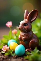 Milk chocolate bunny, colorful eggs nestled nearby, chocolate, sweet