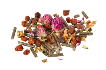 Combined feed for dwarf rabbits with clover. Dried berries and vegetables for rodents.