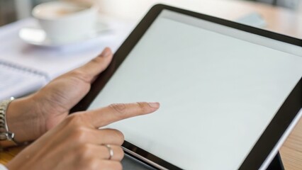 A hand interacting with a tablet on a table, with a cup in the background, suggesting a workspace or casual setting.