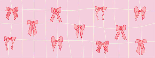 Pink seamless pattern with red bows ribbon grid background cute romantic decorative wrapping design