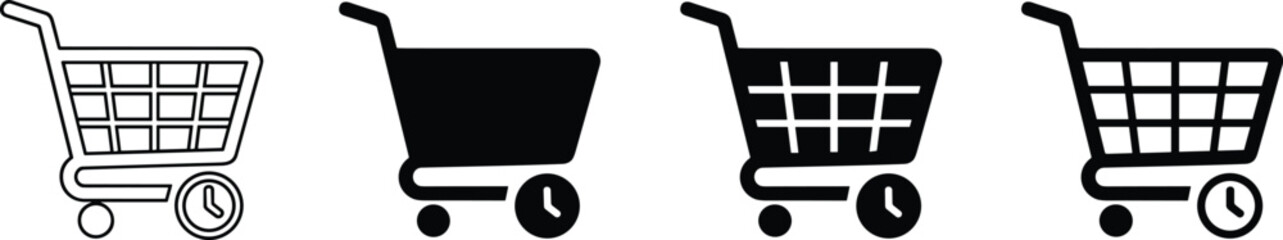 Shopping cart and clock icon set featuring e-commerce delivery timing symbols in linear and solid black silhouette styles. © MstBabli