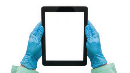 Hands in gloves holding tablet isolated on transparent background isolated on white background