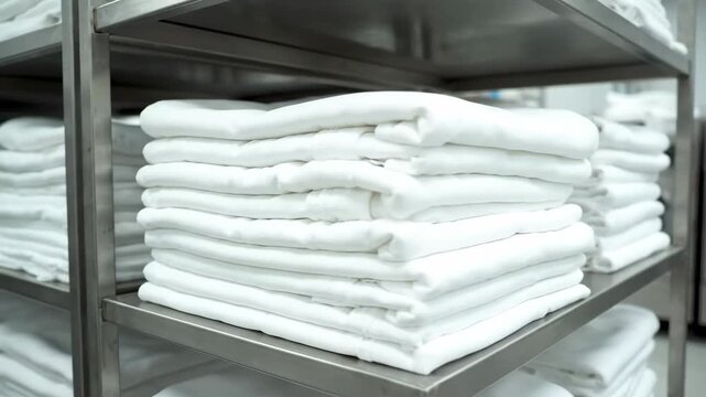 Folded White Linen Stacks - A stack of folded white linens sits neatly on a stainless steel shelf, part of a larger shelving unit in what appears to be a commercial or industrial laundry setting.