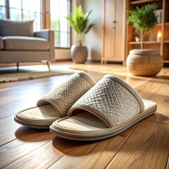 a pair of white slippers on the floor
