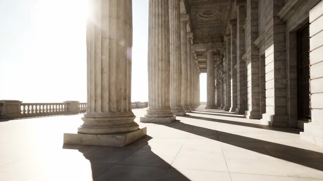 Classical Architecture Corridor - A long corridor is shown with several tall, white marble columns. Shadows from the columns stretch across the tiled floor.