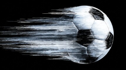 A dynamic illustration of a soccer ball in motion, depicting speed and energy against a contrasting black background.