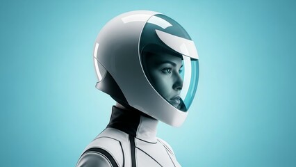 Confident woman wearing futuristic white helmet looking forward in blue studio