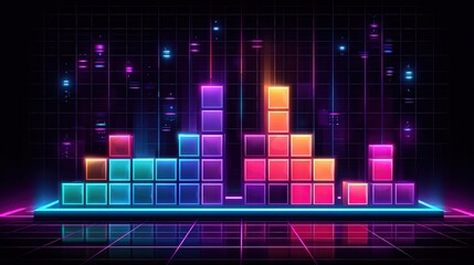 A vibrant, neon-colored digital visualization resembling sound waves or music bars, set against a dark grid background.