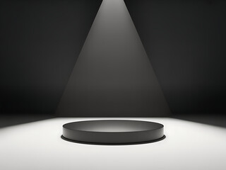 A dramatic high contrast 3D product stage. A single, solid black circular podium