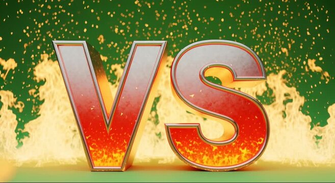 VS versus fiery text symbol with explosion sparks isolated on green background battle concept
