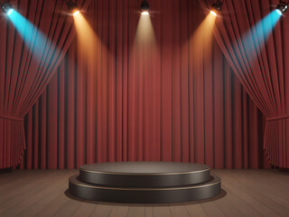 An empty theater stage features elegant red velvet drapes and a bright spotlight shining on the wooden floor for a live opera performance or cinema event