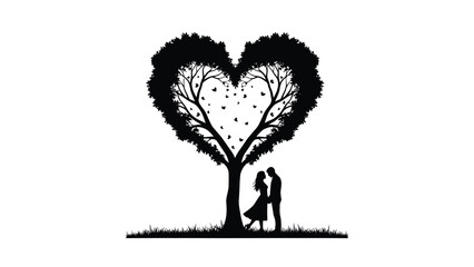 A silhouette of a couple embracing under a heart-shaped tree with butterflies, symbolizing love, romance, and nature's beauty.