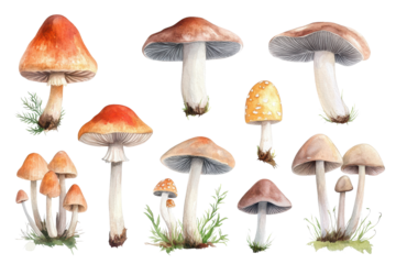 Colorful collection of soft watercolor mushrooms showcasing unique shapes and vibrant hues against a clean background