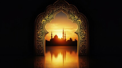 A mesmerizing silhouette of a mosque against a vibrant sunset, framed by an ornate archway. The scene evokes a sense of peace, spirituality, and cultural richness.