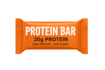 Orange protein bar packaging with 20g protein