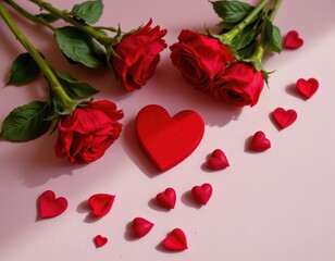 Romantic Valentine's Day Flat Lay: Red Roses and Hearts on a Pink Background, Perfect for Love and Celebration Concepts