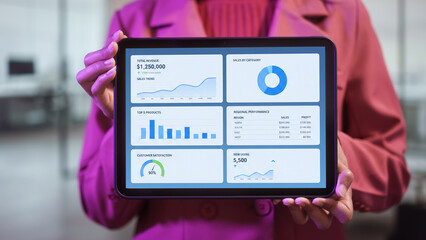 Business professional holding blank white tablet screen in modern office, mockup display for digital content, presentation concept, technology communication corporate branding clean interface