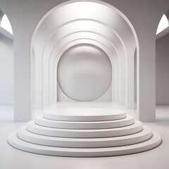 A minimalist 3D white circular podium with tiered steps  and clean 3d illustration of an empty white corridor with round columns