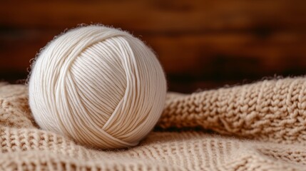 Natural beige yarn ball resting on cozy knitted blanket with warm wooden surroundings