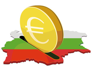 A large gold euro coin being inserted into a slot on a map of Bulgaria with its national flag colors. Concept for investment, economy, or financial savings in Bulgaria. (cut out)