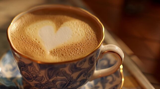 Close Up Steaming Coffee Latte Art Heart Cup Warm Cozy Morning Breakfast Cafe Drink Lifestyle Food Stock Video Footage Background